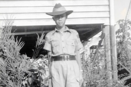 A black and white photo of Darryl Low Choy in his cadet uniform in Queensland