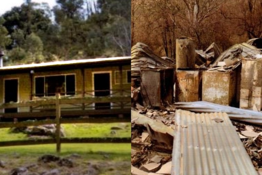 A composite image of a house before and after it was destroyed by a bushfire.