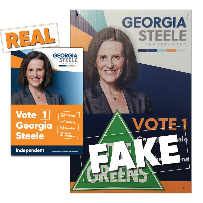 A genuine Georgia Steele sign is shown alongside a fake one with the Greens logo, marked "Fake".