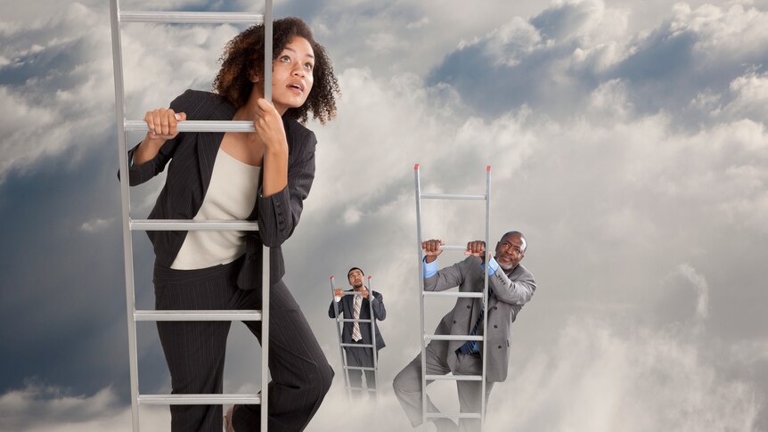 Three people dressed in business suits climb ladders through clouds.