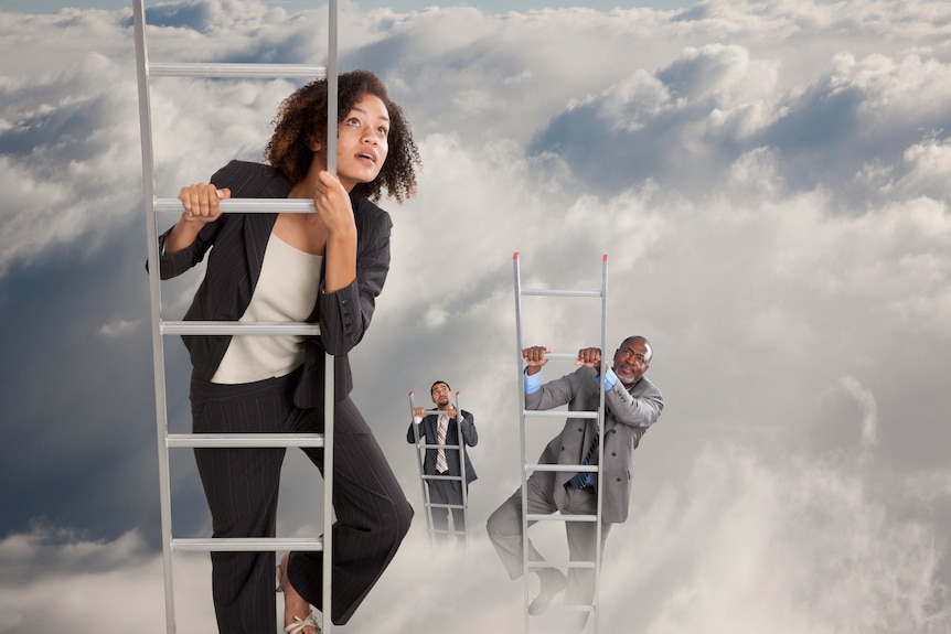 Three people dressed in business suits climb ladders through clouds.