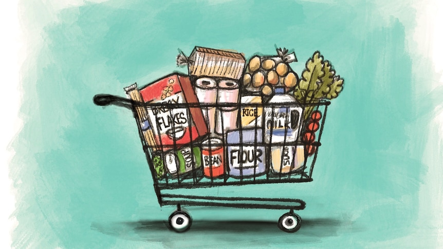 Hand drawn illustration of a black shopping trolley full of groceries like toilet paper, milk, bread and cereal
