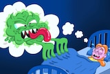 Green monster with sharp teeth reaching out to touch a sleeping person for a story about coronavirus dreams and nightmares.