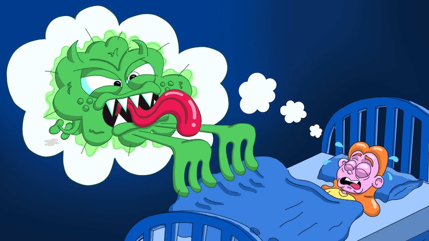 Green monster with sharp teeth reaching out to touch a sleeping person for a story about coronavirus dreams and nightmares.