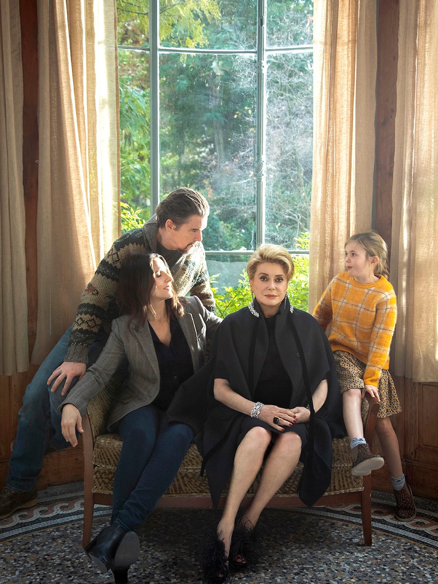 Ethan Hawke, Juliette Binoche, Catherine Deneuve and Clementine Grenier in The Truth