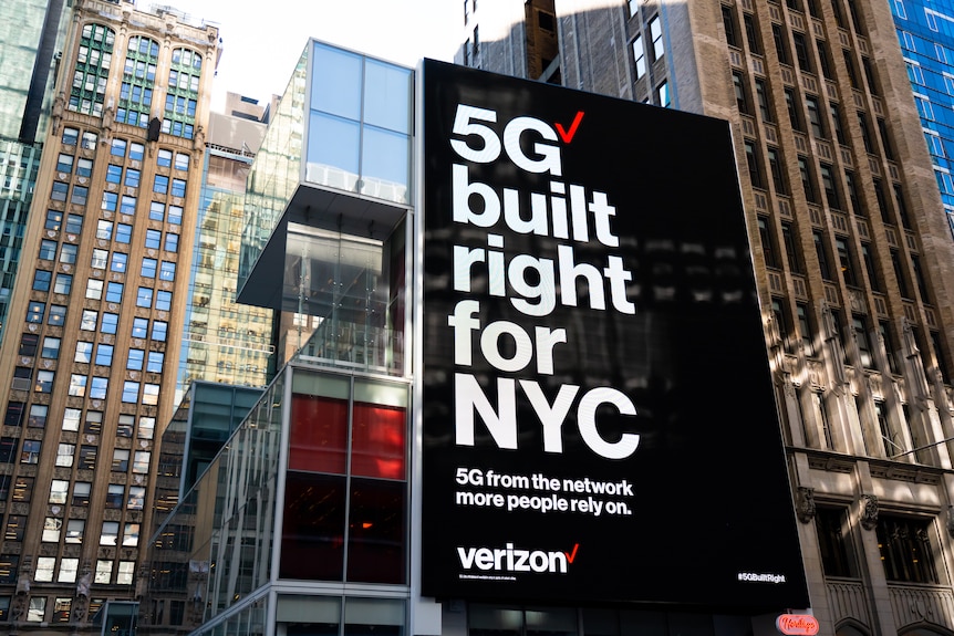 A billboard reading "5G built right for NYC"