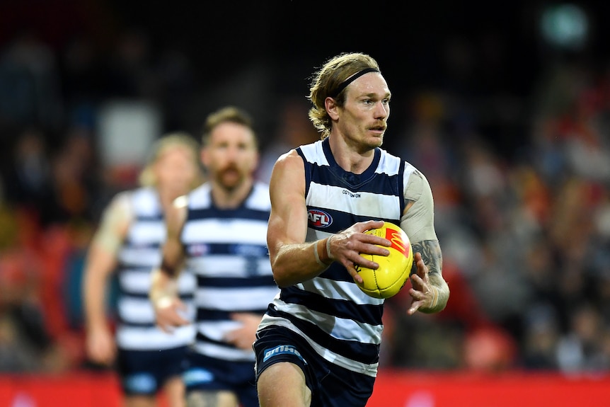 A Geelong defender looks upfield as he holds the ball, ready to deliver a kick.