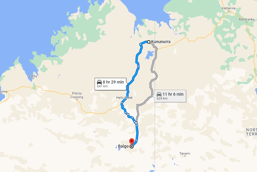 google map showing 6 and a half hour drive from Balgo to Kununurra