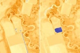 A composite image of two satellite photos showing water in a dam.