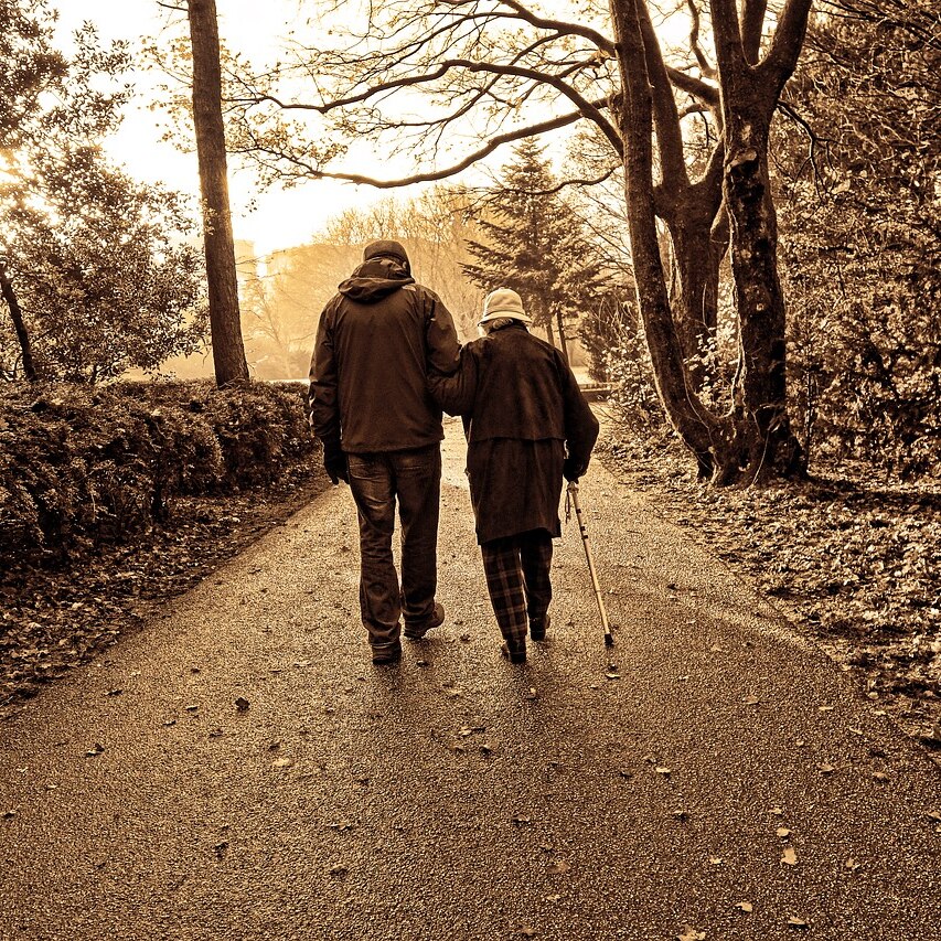 An adult child helps an older parent walk along a path in the park.
