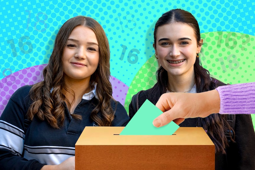 Colourful graphic featuring two teen girls in school uniform and a hand placing a piece of paper into a ballot box.