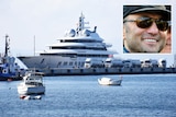 A superyacht in a harbour, with an inset image of the owner Suleiman Kerimov