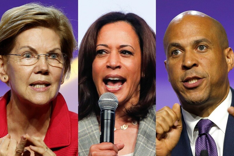 A composite imgae of 2020 Democratic presidential candidates Elizabeth Warren, Kamala Harris and Cory Booker