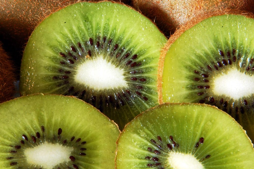 Sliced kiwifruit layered together.