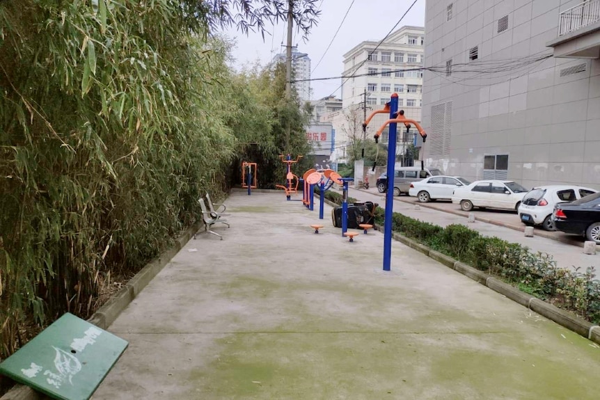 An empty playground with play equipment in a city, with trees on one side and buildings on the other side.