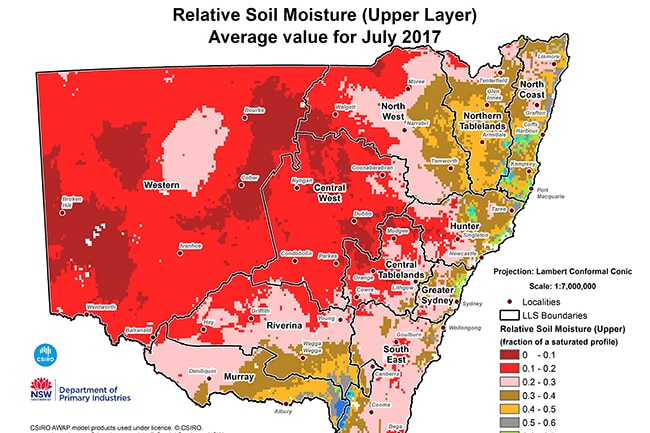 This is a map showing soil moisture levels in New South Wales.