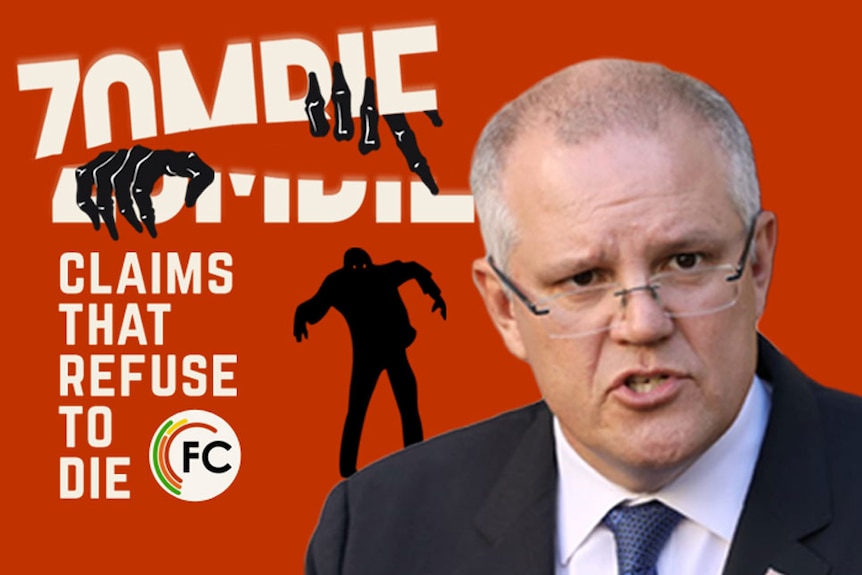 Scott Morrison with a vector graphic zombie silhouette behind him