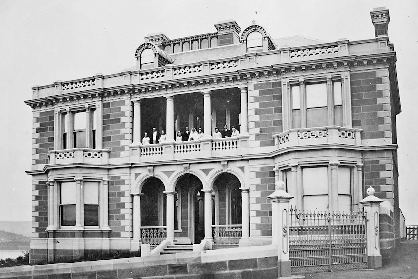 A wedding party in the balcony of Hobart's Lenna hotel in 1870