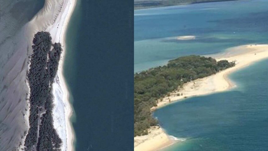 A composite photo showing before and after a large section of beach at Inskip Point washed into the ocean.