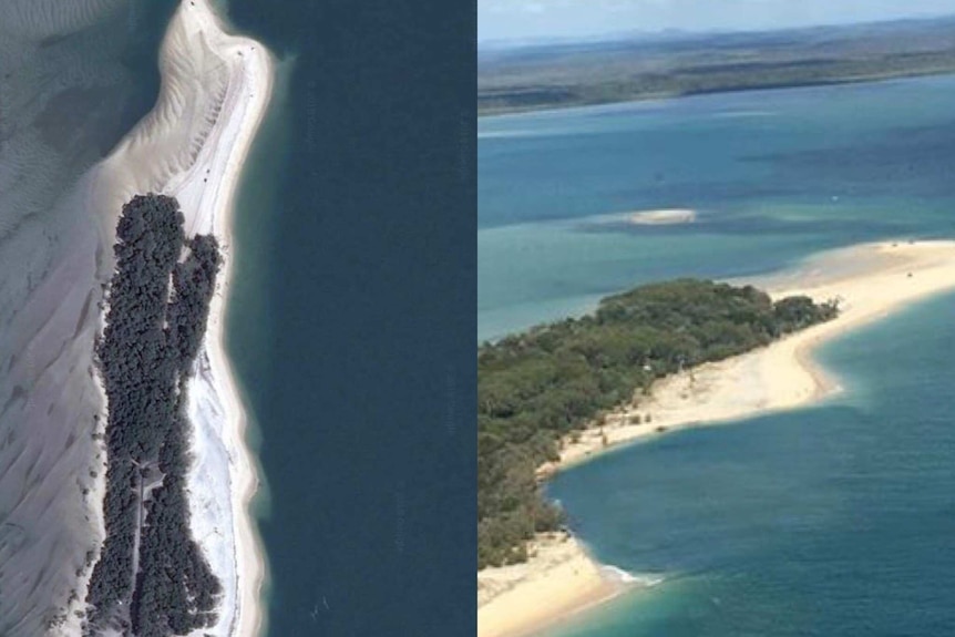 A composite photo showing before and after a large section of beach at Inskip Point washed into the ocean.