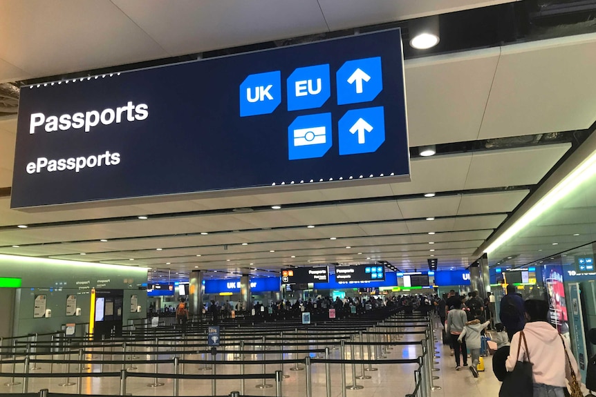 An image of lines at passport control at Heathrow Airport