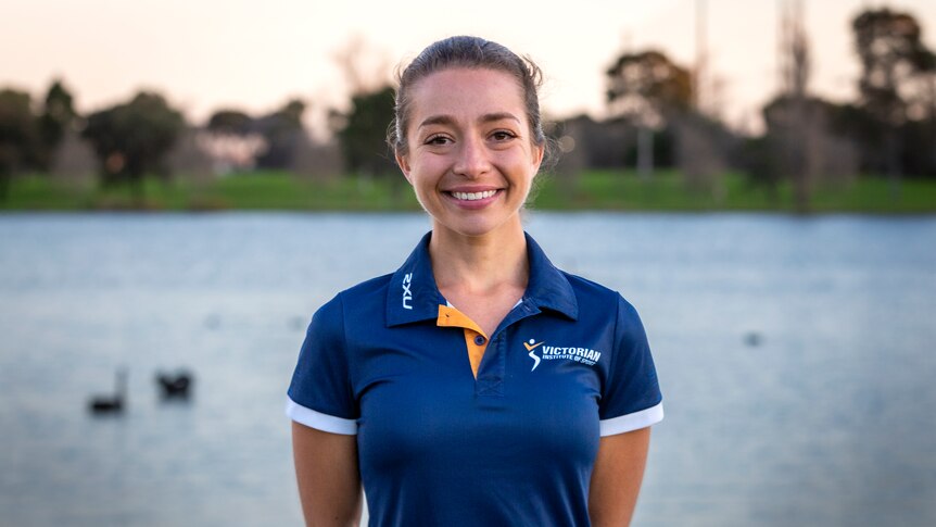 Australian race walker Jemima Montag in blue shirt at Albert Park Lake, Melbourne
