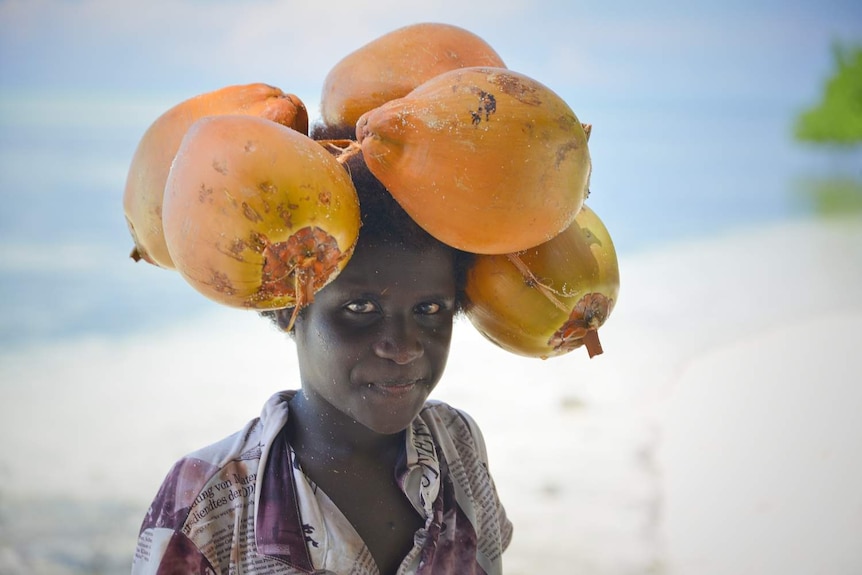 A Carteret Islands girl carries a bunch of coconuts on her head.