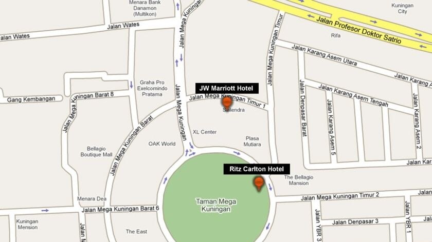 Map showing the location of two explosions in central Jakarta on July 17, 2009.