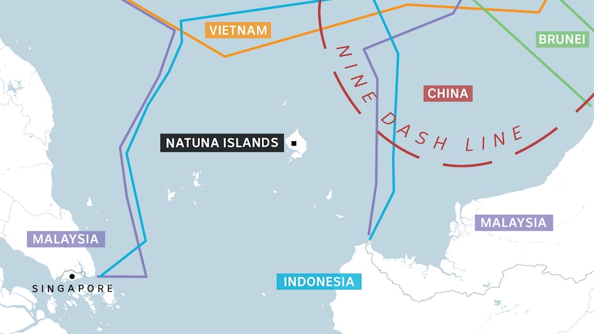 A map shows Indonesia's Natuna Islands along with lines demarking various countries' South China Sea claims.