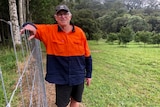 Bruce Maguire smiles at the camera leaning up against the fence protecting his macadamia trees.