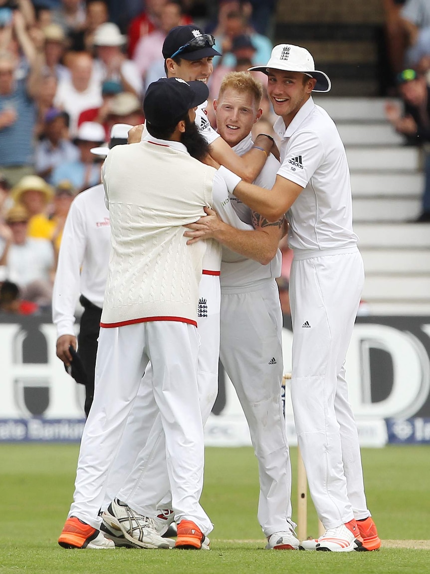 On top ... Ben Stokes celebrates his sixth wicket of the Australian innings