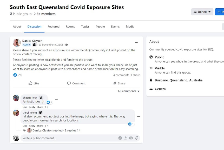 A screenshot of a facebook group sharing contact tracing information