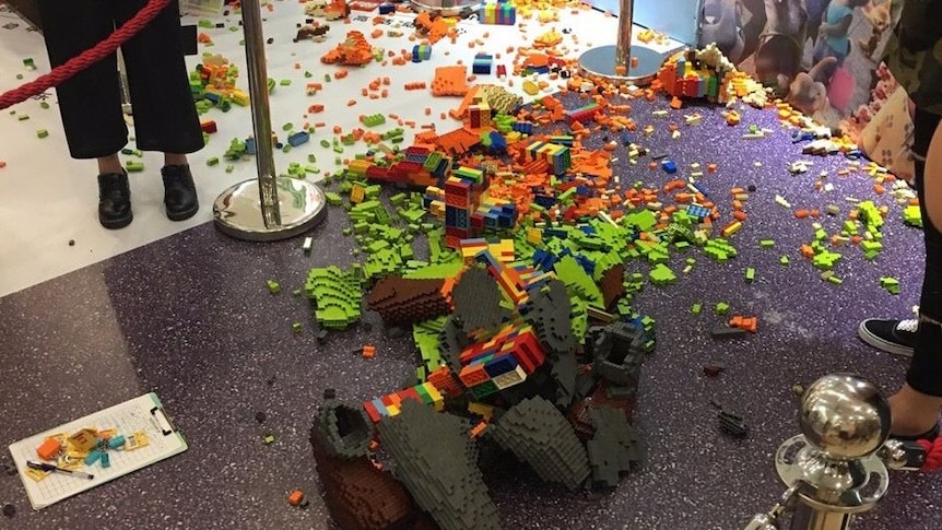 The Lego sculpture knocked over by a child