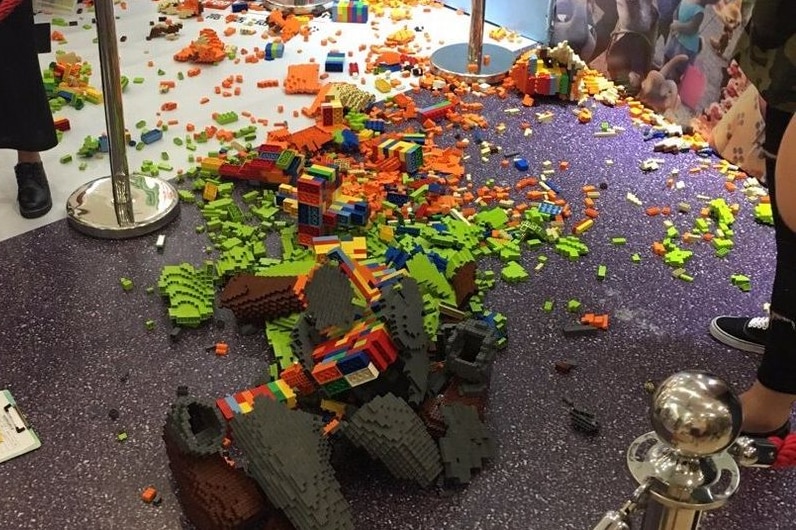 The Lego sculpture knocked over by a child