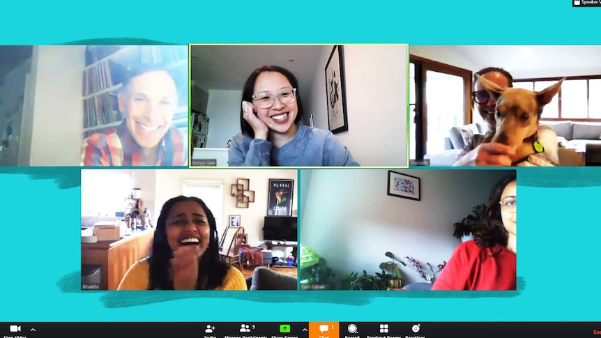 A screenshot of five people chatting on a video call in a guide for handling awkward video call moments.