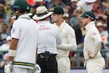 Cameron Bancroft talks to umpires in Cape Town