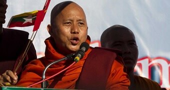 Anti-Muslim monk Wirathu addresses a pro-military rally attended by thousands of nationalist demonstrators in Yangon.