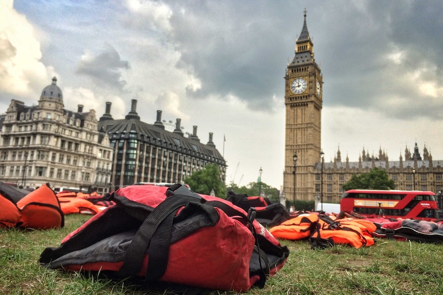 Close-up of life jacket at Parliament Square