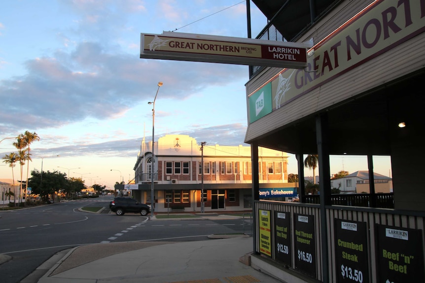 A streetscape of some hotels in a small town