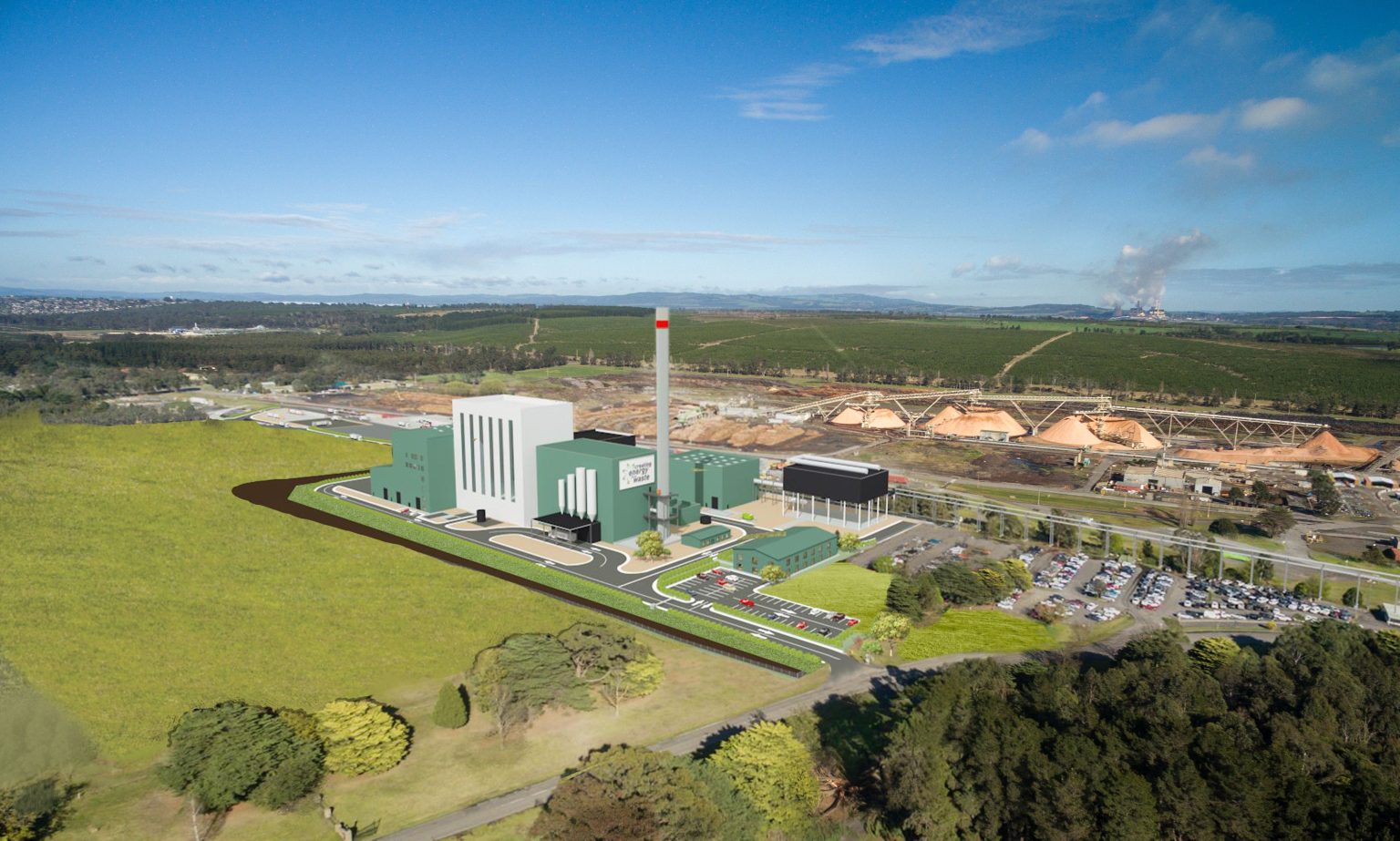 Una imagen renderizada de una instalación industrial verde con una altas salsa de humo rodeada de tierras de cultivo y silvicultura.