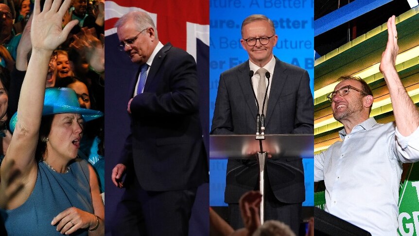A composite image showing (from left) Monique Ryan, Scott Morrison, Anthony Albanese and Adam Bandt.