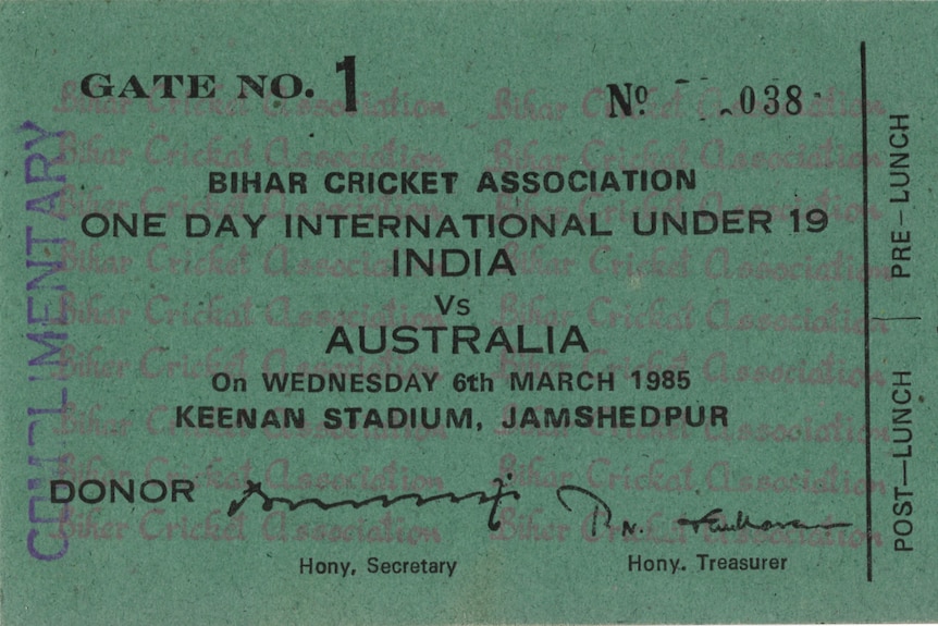 A ticket for an under-19 one-day international between Australia and India on March 6, 1985.