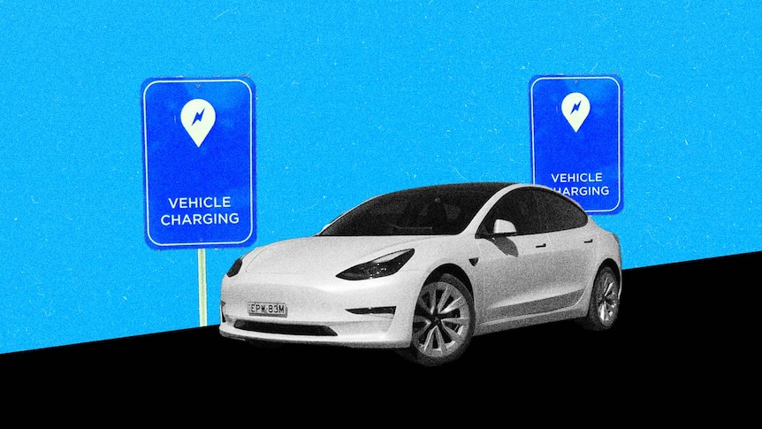 blue background with cut out photo of an electric vehicles and two signs saying charging stations.