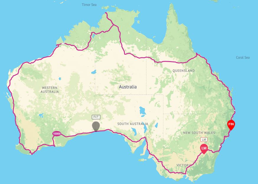 A map of the Australian mainland with a line showing the path ridden by a charity cyclist.