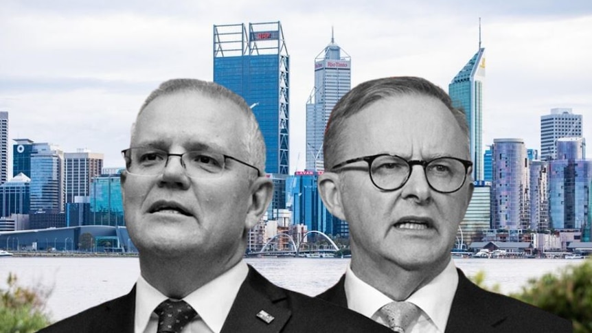 A composite image of Scott Morrison and Anthony Albanese pictured against the Perth skyline
