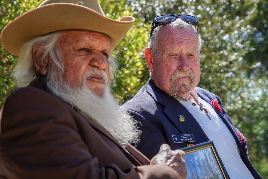 Two aging vietnam veterans with medals sit together in the sun