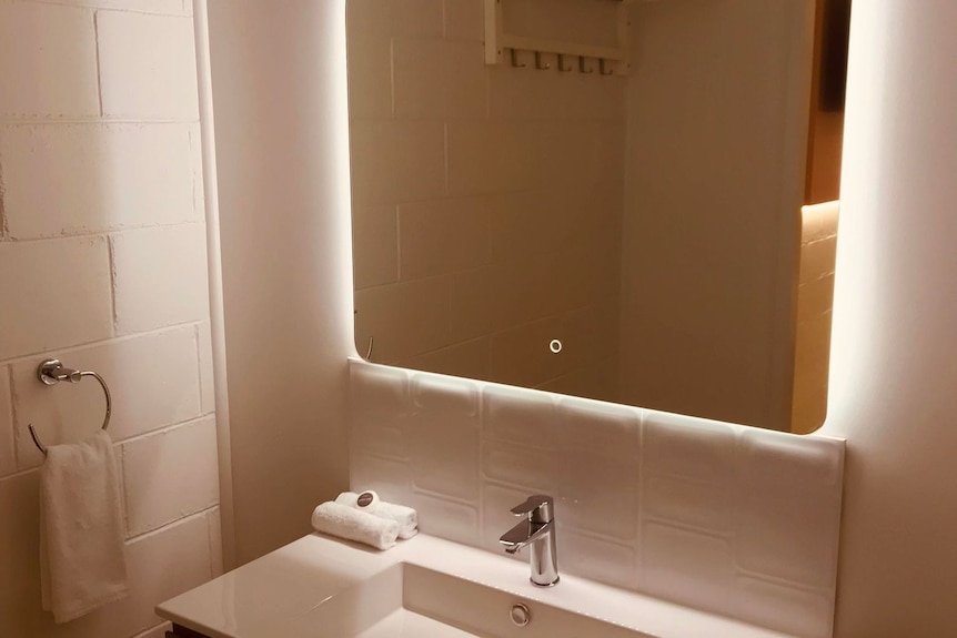 Sink and bathroom mirror. 