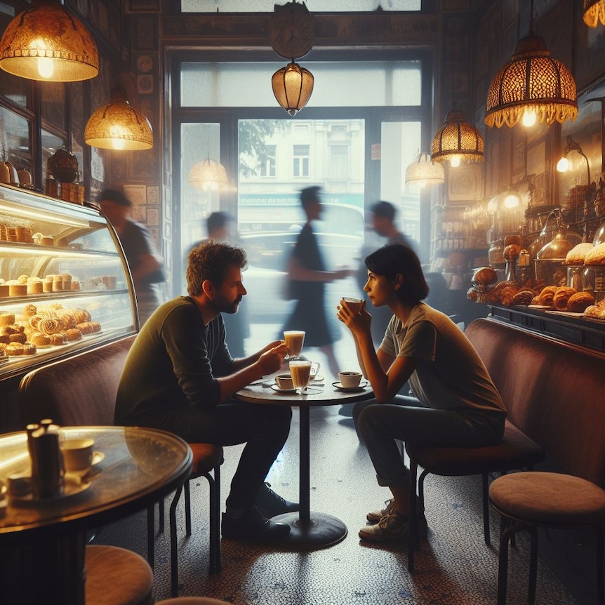 An AI-generated image of two people in a cafe.