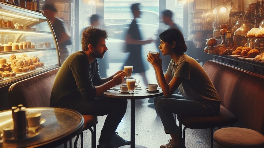 An AI-generated image of two people in a cafe.