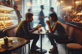 An AI-generated image of two people in a cafe.